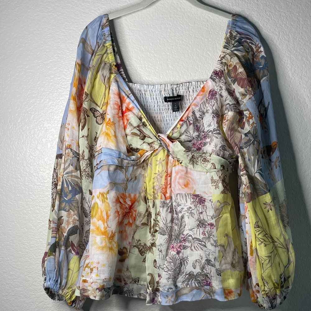 Banana Republic Ramie Floral Bird Twist Front sheer A-line sweetheart neck top L - Picture 4 of 11